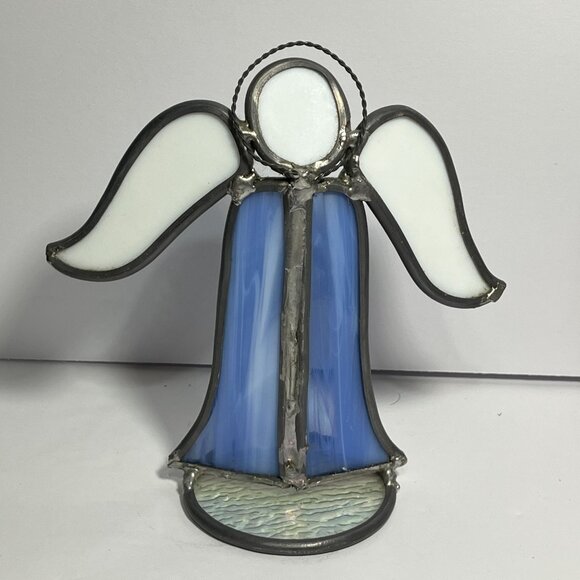 Stained Glass Angel Figurine In Blue & White With Metal Accents - Picture 5 of 7